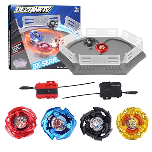DEZAWRTY Gryo X Arena Battle Set Ausgestattet mit X Acceleration Rail - 4 Kampfkreisel, 2 Launchers und Stadium, Battle Kampfarena für Kinder ab 6 Jahren, Kampfspielzeug für Jungen, Grau (4pcs) von DEZAWRTY