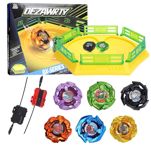 Stadium X Battle Set, 6 Kreisel, 2 Raketenwerfer und Arena mit X-Beschleunigungsschiene, Geburtstagsgeschenk Spielzeug für Jungen ab 6 Jahren (gelb) von DEZAWRTY