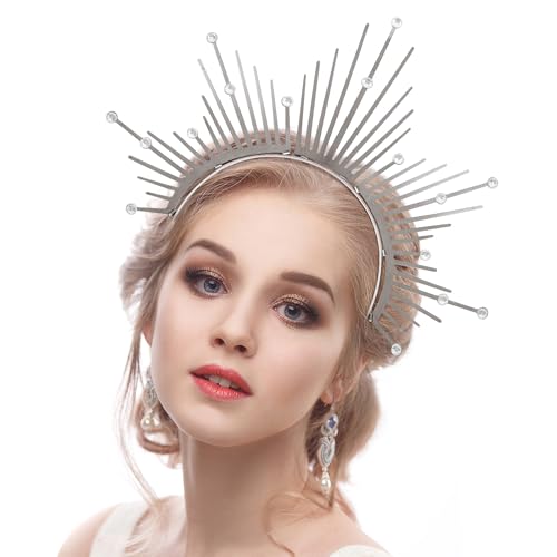 Göttin Heiligenschein Sonne Krone Stirnband für Frauen Sunburst Kostüm Dekor Zubehör für Halloween Karneval Cosplay (Silber) von DEZEXHOM