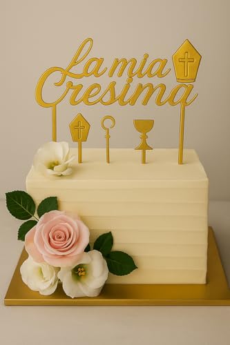 Set Topper Torte Konfirmation Gold – 4 Stück aus verspiegeltem Plexiglas – Schriftzug "La mia confirmation" + Pastoral, Taube und Mitra – elegante Dekorationen von DFPRIME
