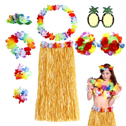 DGMI 8 Stück Hawaii Kostüm Damen Hawaii Outfit Damen Hula Rock Kostüm Kette Blumen Faschingskostüme für Beachparty Deko und Ananas Sonnenbrille Beachparty Deko von DGMI