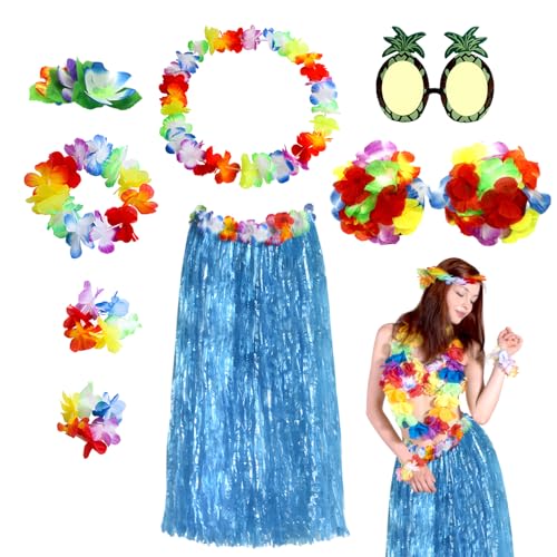 DGMI 8 Stück Hawaii Kostüm Damen Hawaii Outfit Damen Hawaii Kette Hula Rock Kostüm Faschingskostüme für Beachparty Deko Sonnenbrille Beachparty Deko von DGMI