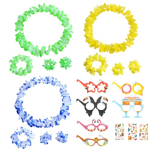 DGMI Blumenkette Deko, Hawaii Outfit Damen, 12 Stück Blumenketten Hawaii, 6 Stück Aufkleber, 3 Stück Brille für Tropisches Luau Strand Geburtstag Party Zubehör DGMI Blumenkette Deko, Hawaii Outfit Damen, 12 Stück Blumenketten Hawaii, 6 Stück Aufkleber, 3 Stück Brille für Tropisches Luau Strand Geburtstag Party Zubehör von DGMI