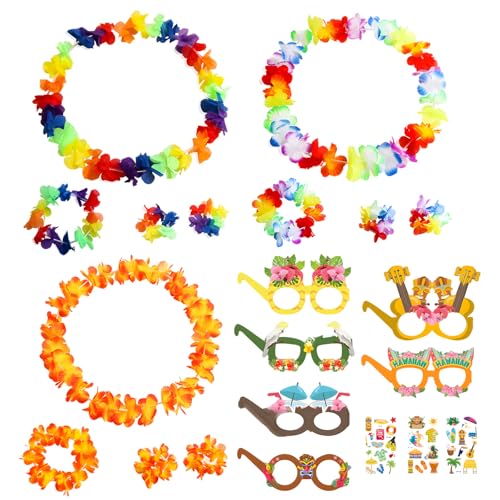 DGMI Hawaii Outfit Damen, Blumenkette Deko, 12 Stück Blumenketten Hawaii, 6 Stück Aufkleber, 3 Stück Brille für Tropisches Luau Strand Geburtstag Party Zubehör DGMI Hawaii Outfit Damen, Blumenkette Deko, 12 Stück Blumenketten Hawaii, 6 Stück Aufkleber, 3 Stück Brille für Tropisches Luau Strand Geburtstag Party Zubehör von DGMI