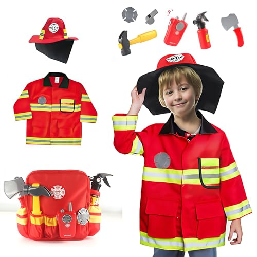 DGMYFY Feuerwehr Kostüm Kinder Feuerwehr Ausrüstung Jungen Feuerwehrmann Kostüm Mädchen Feuerwehr-Spielsets 3-8 Jahre Einheitsgröße (Höhe 100-130CM) von DGMYFY