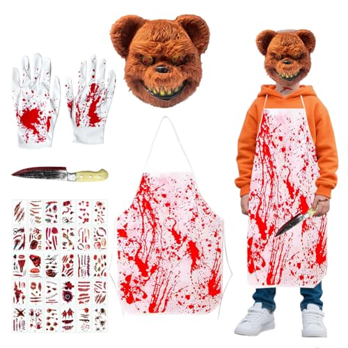34 Stück Halloween Maske Horror Bären Set, Bären Masken Hallowee-n Erwachsene, Bärenmaske,Blut Halloween Weiße Schürze, Halloween Messer,Für Hallowee-n Kostüm Party,Cosplay von DGTSYAL