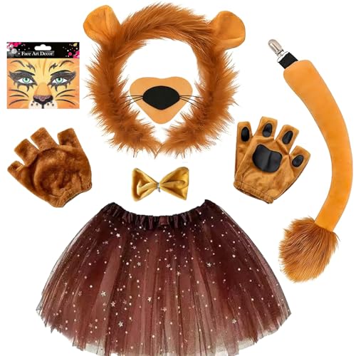 7 Stück Löwen Kostüm Set - Löwen Kostüm Zubehör, Gesichtsbemalung, Löwenohren, Stirnband, Schwanz, Nase, Fliege, Tutu und Handschuhe, Tier-Löwe, für Erwachsene und Kinder, Cosplay, Bühnenaufführung von DGTSYAL