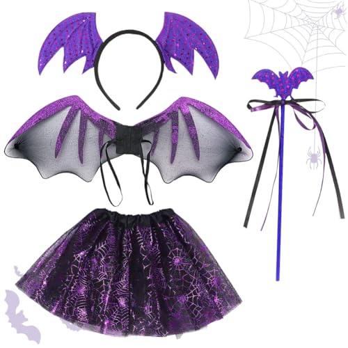 DGTSYAL 4 Stück Halloween Kostüm Kinder Fledermaus, Halloween Kostüm Mädchen Fledermaus Tutu, Halloween Kinder Kostüme Mädchen 3-10 Jahre Für Party Mottoparty Fasching von DGTSYAL