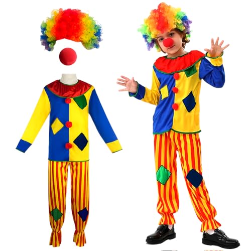 DGTSYAL 4Pcs Clown Kostüm Kinder Set, Clown Kostümzubehör Kleidung Perücke, Kostüm Kinder Junge Mädchen Karneval mit Perücke, Karneval Kostüm Cosplay(L:110-130CM) von DGTSYAL