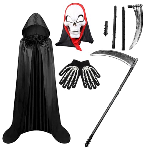 DGTSYAL Halloween Sensenmann Kostüm Set- Umhang Kapuzenumhang, Skelett maske, Skelett Handschuhe, Plastiksense, für Cosplay, Halloween, Karneval, für Erwachsene oder Jugendliche von DGTSYAL