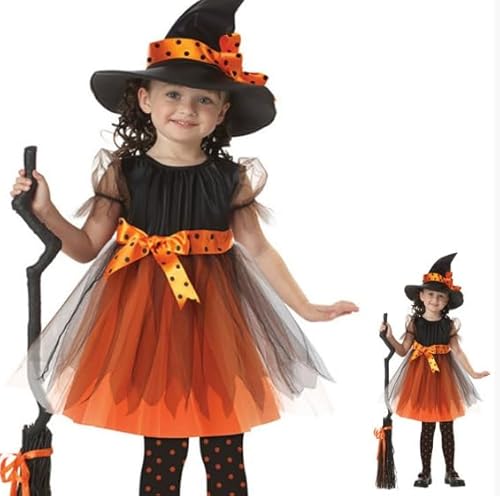 DGTSYAL Hexenkostüm Mädchen, Hexenkostüm Kinder Halloween mit hexenhut und Sammeltasche, Kostüm Hexe Kinder für Halloween Karneval Maskerade Rollenspiele (90-110cm)(Orange,S) von DGTSYAL