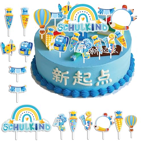 Schulanfang Tortendeko, Tortendeko Einschulung, Schuleinführung deko Cupcake Topper für Schulkind, Junge und Mädchen Schulanfang Party Dekoration (Blau Regenbogen) von DGTSYAL