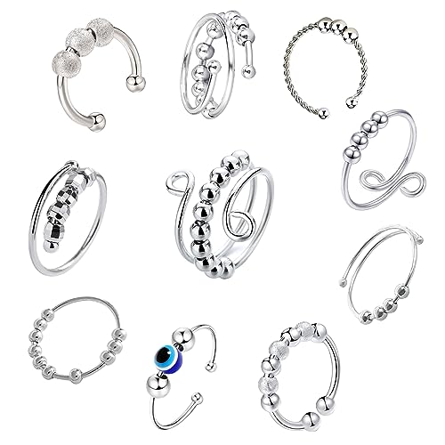 10 Stück Anxiety Ring Silber Anti Stress Ring Angst Ring Damen Anti Stress Ring Damen Fidget Spinner Anxiety Ring Spinning Anti Stress Ring Fidget Ring Damen Anti Anxiety Ring Anti Stress Ring Set von DGUSO