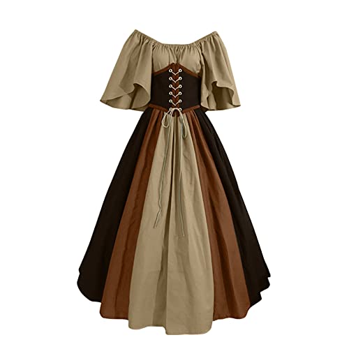 DGZTWLL Halloween-Kostüme für Damen, Renaissance-Kostüm, mittelalterliches Vintage-Piraten-Bauernkleid, Halloween-Maskerade-Kleid, langes schwarzes Gothic-Kleid, A2-Kaffee, Größe 4XL von DGZTWLL