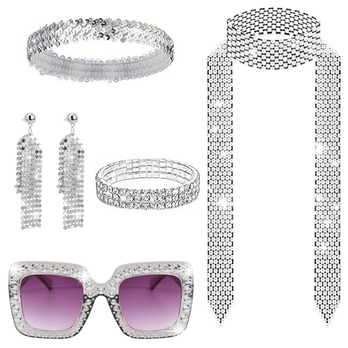 70er Jahre Disco Outfit Damen Accessories 6 Stück, 70er 80er Disco Pailletten Sonnenbrille Glitzer Haarband Quaste Ohrringe Strass Halskette Armband Kostüm Zubehör Set für Fasching Party Karneval 70er Jahre Disco Outfit Damen Accessories 6 Stück, 70er 80er Disco Pailletten Sonnenbrille Glitzer Haarband Quaste Ohrringe Strass Halskette Armband Kostüm Zubehör Set für Fasching Party Karneval von DHINCHANSAIB