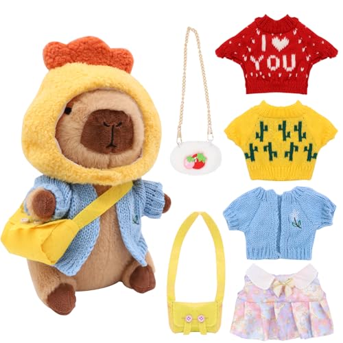 DHINCHANSAIB Capybara Plüschtier 8Pcs Set, 23cm Capybara Kuscheltier, Niedlichen Plushies mit Kleidung und Rucksäcken, Wasserschwein Kuscheltier, für Home Deko Kinder Geschenke von DHINCHANSAIB