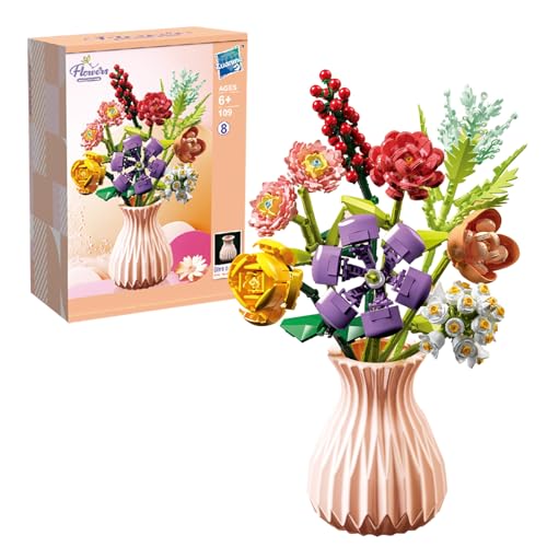 DHINCHANSAIB Blumenstrauß Klemmbausteine, 724Teile Blumenstrauß Bausatz, 8Künstliche Blumen Mit Vase, Botanical Kollektion Bauklötze Pflanzen Home Deko (Beige Vasen) von DHINCHANSAIB