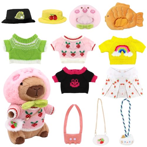 DHINCHANSAIB Capibara Plüsch Set, Capibara Plüsch 25 cm, niedliche Capibara Plüschtiere, Stofftier für Kinder mit Kleidung und Zubehör, Wohnkultur Plüschtier für Wohnzimmer (13pcs Set) von DHINCHANSAIB