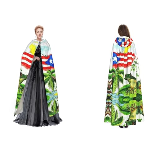 Dhnblqdp (Puerto Rico-Flagge, Frosch, Palmen), Druck, Halloween, Kapuzenumhang, Hexe, Cosplay, Zubehör, Erwachsenenkostüm von DHNBLQDP