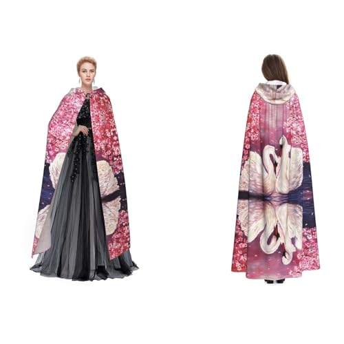 Dhnblqdp (Weiße Schwäne mit rosa Blumenbaum) Druck Halloween Kapuzenumhang Hexe Cosplay Zubehör Erwachsenenkostüm von DHNBLQDP