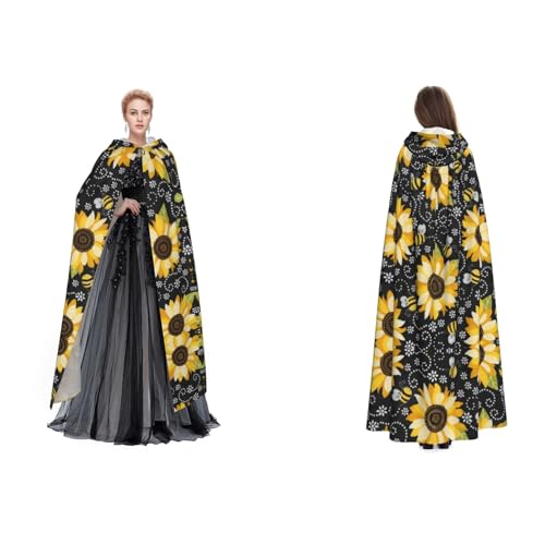 Dhnblqdp Halloween-Kapuzenumhang mit Sonnenblumen-Bienen-Motiv, Hexe, Cosplay-Zubehör, Erwachsenenkostüm von DHNBLQDP