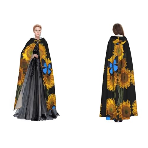 Dhnblqdp Halloween-Kapuzenumhang mit gelben Sonnenblumen mit blauen Schmetterlingen, Hexe, Cosplay-Zubehör, Erwachsenenkostüm Dhnblqdp Halloween-Kapuzenumhang mit gelben Sonnenblumen mit blauen Schmetterlingen, Hexe, Cosplay-Zubehör, Erwachsenenkostüm von DHNBLQDP