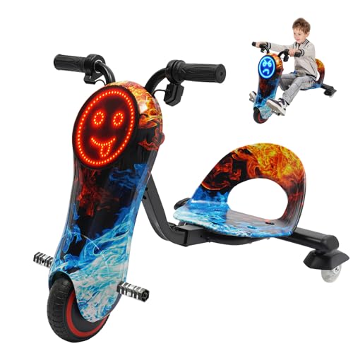 E Scooter Kinder, 180W Dreirad mit Elektromotor, Drift Cart 360°, Sitz Verstellbar, 3 Geschwindigkeiten Kinder Elektroauto mit LED-Licht, Geschenke für Jungen & Mädchen (Blau, Schwarz, Orange) von DHQCQL