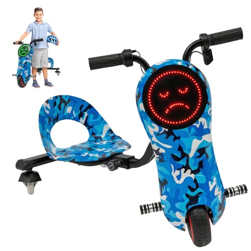 E Scooter Kinder, 180W Dreirad mit Elektromotor, Drift Cart 360°, Sitz Verstellbar, 3 Geschwindigkeiten Kinder Elektroauto mit LED-Licht, Geschenke für Jungen & Mädchen (Camouflage Blau) von DHQCQL