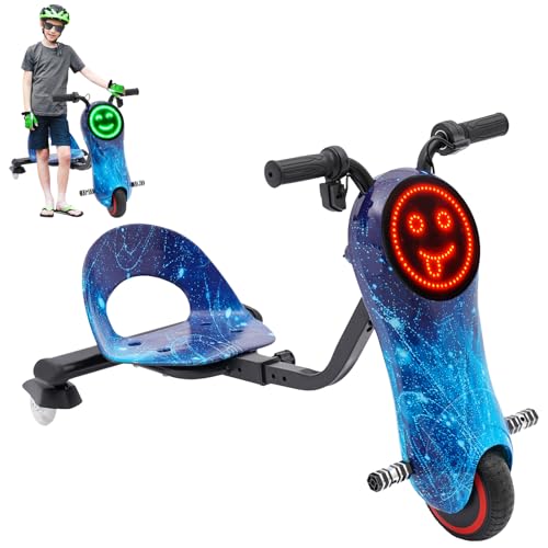E Scooter Kinder, 180W Dreirad mit Elektromotor, Drift Cart 360°, Sitz Verstellbar, 3 Geschwindigkeiten Kinder Elektroauto mit LED-Licht, Geschenke für Jungen & Mädchen (Starry Sky Blue) von DHQCQL