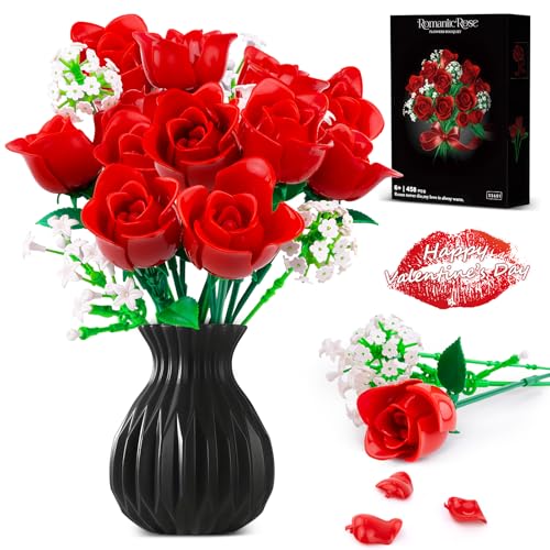 DHSDONLINE Blumenstrauß Bausatz - 458 Teile Kreative DIY Rosen Bauklötze für Freundin und Mädchen 6+, Geeignet für Valentinstag, Weihnachten, Muttertag, Geburtstage(Vase Nicht enthalten) von DHSDONLINE