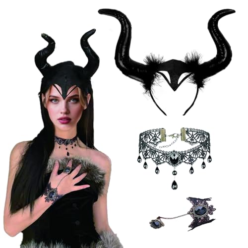 DHWEKU 1 Stück Malefice nt Halloween Kostüm Kopfschmuck mit Hörnern, Gothic Damen Cosplay Haarband mit Spitzenhalskette, Böse Stirnband für Karneval Maskerade und Straßenfeste von DHWEKU