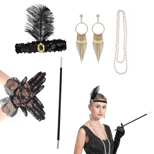 DHWEKU 5 Teiliges 20er Jahre Accessoires, 1920 Zubehör Set, Great Gatsby Party Kostüme Damen mit Stirnband Handschuhen Perlenkette Ohrringen für Halloween Weihnachten von DHWEKU