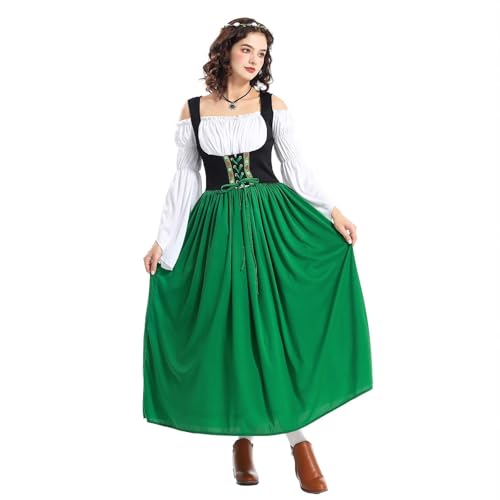 DHYUEN Damen Kostüm Kleid mit Schürze und Kopftuch, Renaissance Gewand Verkleidung Schwarz Weiß von DHYUEN