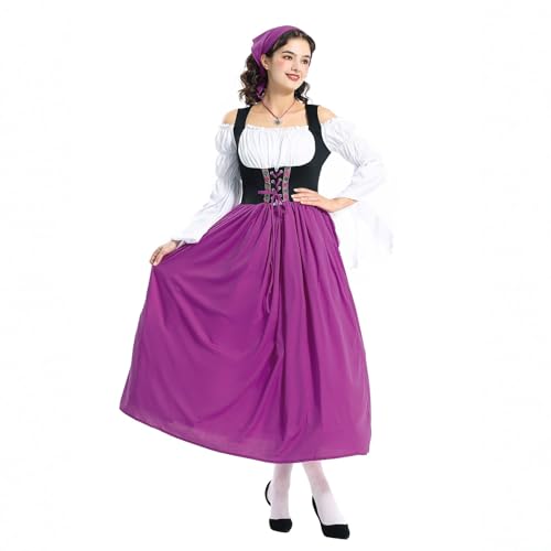DHYUEN Damen Kostüm Kleid mit Schürze und Kopftuch, Renaissance Gewand Verkleidung Schwarz Weiß von DHYUEN