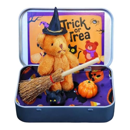 DHliIQQ Halloween-Bär in einer Box für Süßes oder Saures, handgefertigter kleiner Hexenbär in Box, Plüsch mit Geschenkhut, Emot Mini von DHliIQQ