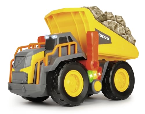 Dickie Toys Volvo Spielzeug Kipplaster mit Gewichtserkennung, Weight Lift Truck, LKW Kipper, erkennt 3 verschiedene Gewichtsstufen, bewegliche Ladefläche, Licht & Sound, inkl. Batterien, 30 cm, Gelb/Grau von Dickie Toys