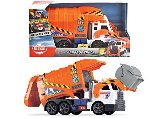 Dickie 186380 Toys Müllauto, Müllabfuhrwagen, Müllwagen, Spielzeugauto, batteriebetriebene Gabel mit Mülltonne, Kippfunktion, Licht & Sound, inkl. Batterien, 46 cm groß, ab 3 Jahren von Dickie Toys