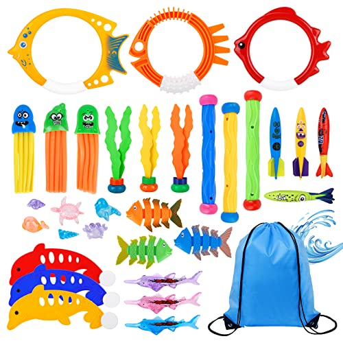 DICLLY Premium Tauchspielzeug-Set,38-teiliges Pool Spielzeug für Kinder 5-12 Jahre,Unterwasser Tauchringe,Torpedos,Edelsteine,Haie,Algen,Fischgräten,Fisch-Spielzeuge,Quallen und Aufbewahrungstasche von DICLLY