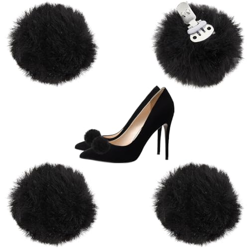 DICOSMETIC 4 Stück Pom Pom Schuhclip Schwarz Abnehmbarer Schuhclip 1.57 Zoll Flauschiger Schuhschnalle Künstlicher Wollball Schuhdekoration Für Damenstiefel Hüte Flats Kleidung Und Handtaschen von DICOSMETIC