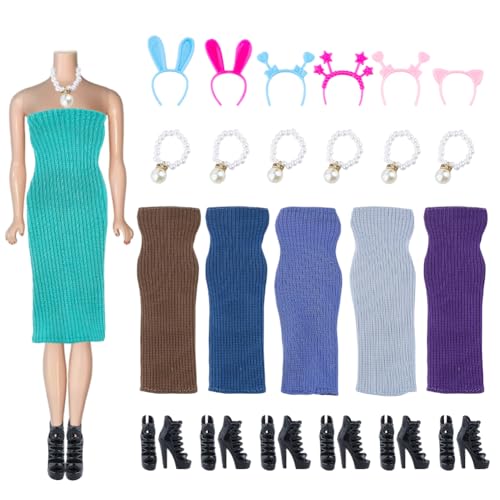 DICOSMETIC 6 Sets 6 Farben Polyester Puppenkleidung Set Puppenkleidung Und Zubehör Puppenkleidungs Ersatz Einschließlich Puppenkleid Schuhe Halskette Und Haarbänder von DICOSMETIC