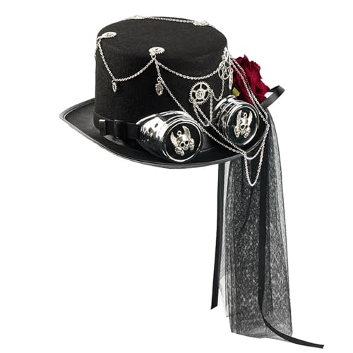 DIDILLX Industrieller Stil, Kostümhut mit verstellbarer Brille und Blumendekorationen, Halloween-Kostüm-Zubehör für Erwachsene, Steampunk-Mütze mit Brille von DIDILLX