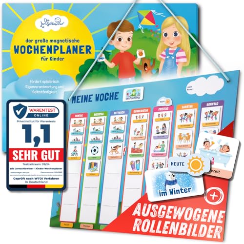 DIE LERNSCHLAWINER® - Premium Montessori Wochenplaner für Kinder – 100% Baumwoll-Sammelbeutel, über 200 Magnete, - beschreib-und abwischbar - bezaubernd illustriert von DIE LERNSCHLAWINER