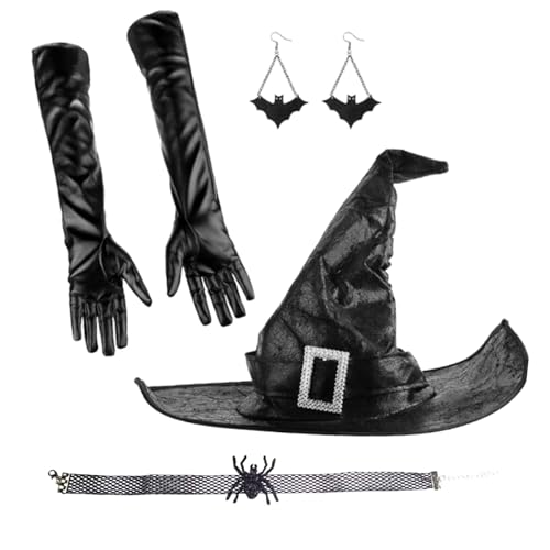 DIEKE Cosplay-Hexenkostüm für Halloween, Party, Zauberer, Hut, Ohrringe, Handschuhe, Cosplay, Party, Kostüm, Maskerade, Zubehör, Zubehör DIEKE Cosplay-Hexenkostüm für Halloween, Party, Zauberer, Hut, Ohrringe, Handschuhe, Cosplay, Party, Kostüm, Maskerade, Zubehör, Zubehör von DIEKE