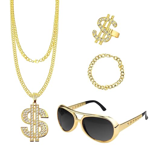 DIELIANHUA 4 PCS Hip Hop Accessoires,80er 90er Hip Hop Accessoires Herren,Rapper Accessoires,Hip Hop Kostüm Herren,80er 90er Rapper Hip Hop Kostüm für Cosplay Halloween Karneval Mottoparty von DIELIANHUA