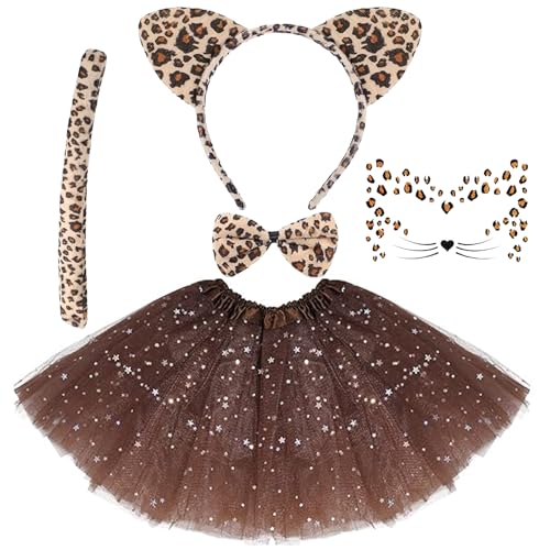 DIELIANHUA 5 PCS Leoparden Kostüm, Leopard Kostüm Set, Leoparden Ohren Haarreif, Schwanz, Fliege, Glitzer Gesichtstattoo, Tutu Rock, Leoparden Kostüm Damen Accessoires für Karneval Cosplay Party DIELIANHUA 5 PCS Leoparden Kostüm, Leopard Kostüm Set, Leoparden Ohren Haarreif, Schwanz, Fliege, Glitzer Gesichtstattoo, Tutu Rock, Leoparden Kostüm Damen Accessoires für Karneval Cosplay Party von DIELIANHUA