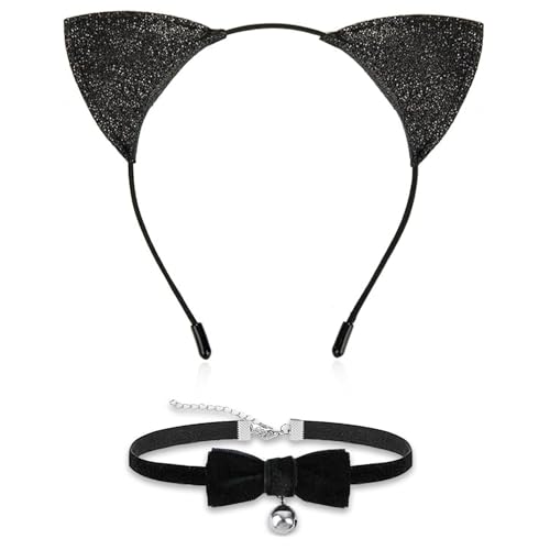 DIELIANHUA Katze Cosplay Set, Katzenohren Haarreif mit Glöckchen Halskette, Katzenkostüm Damen, Cat Ears Headband, Katze Kostüm Zubehör, für Karneval Halloween Cosplay Party von DIELIANHUA