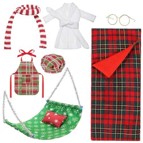 8 Stück Weihnachtself Zubehör, Weihnachten Elf Puppe Kostüm Zubehör, Weihnachts Kleidung für Mini Puppen, Schlafsack, Hängematte, Bademantel, Brille, Schal, Schürze, Kochmütze, Kissen 8 Stück Weihnachtself Zubehör, Weihnachten Elf Puppe Kostüm Zubehör, Weihnachts Kleidung für Mini Puppen, Schlafsack, Hängematte, Bademantel, Brille, Schal, Schürze, Kochmütze, Kissen von DIELOVEHUA