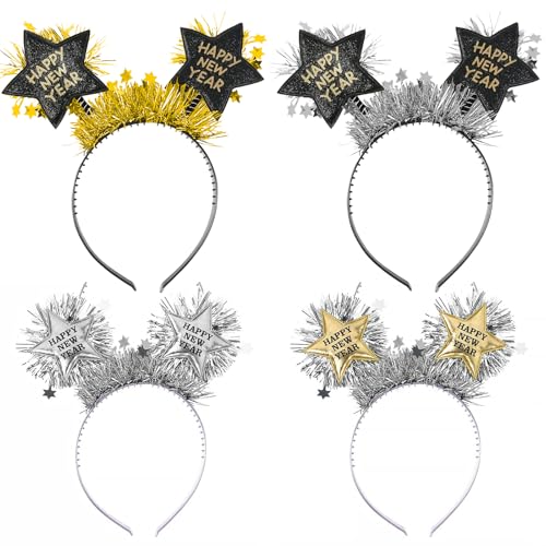 DIELOVEHUA 4 Stück Happy New Year Haarreif, Glitzernd Party Haarschmuck, 2025 Silvester Foto Requisiten für Kinder Erwachsene von DIELOVEHUA