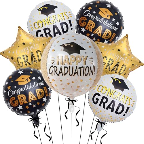 DIELOVEHUA 7 Stück Abschlussfeier Luftballons, Luftballons Schwarz Gold, Abschlussfeier Folienballon, Abschluss Deko Luftballon, für Graduation Deko, Bachelor Deko, 2025 Bachelor Geschenk(A) von DIELOVEHUA
