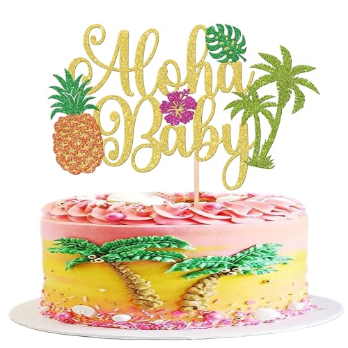 DIELOVEHUA Hawaii Kuchen Topper, Hawaii Cupcake Topper, Glitter Blume Plam Leave Ananas Kuchendekoration, Happy Birthday Tortendeko, für Tropisch Hawaii Strand Sommer Party Dekoration von DIELOVEHUA